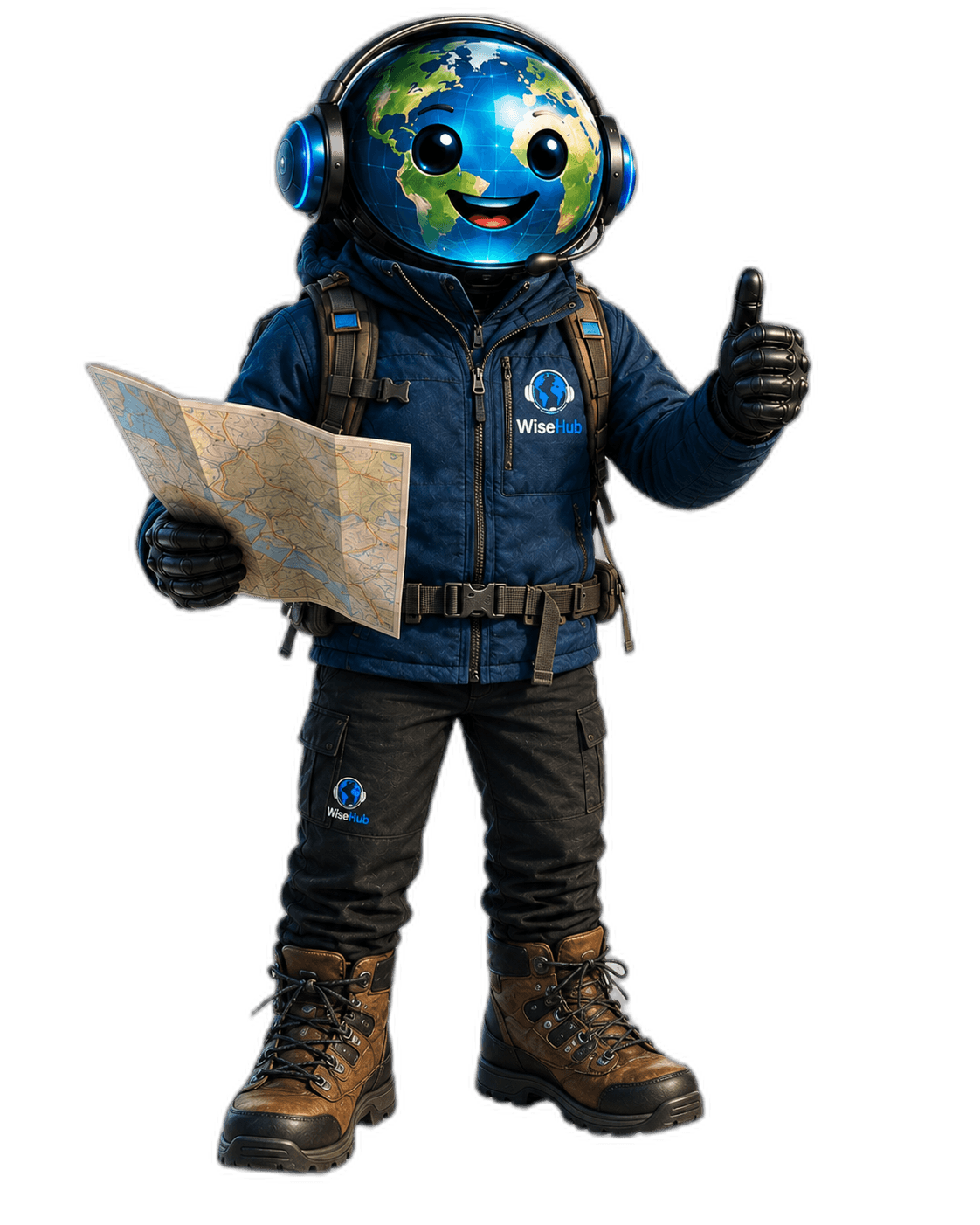 Hubby, o explorador da WiseHub, com mapa e mochila