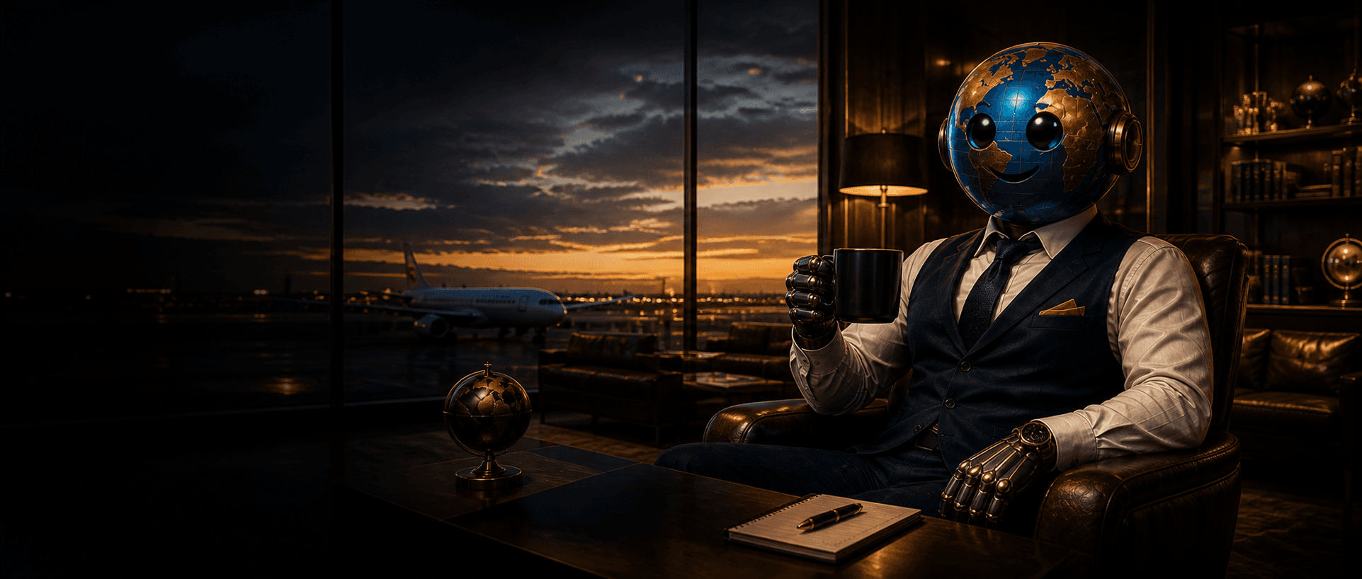 Hub, mascote da WiseHub, em um lounge internacional